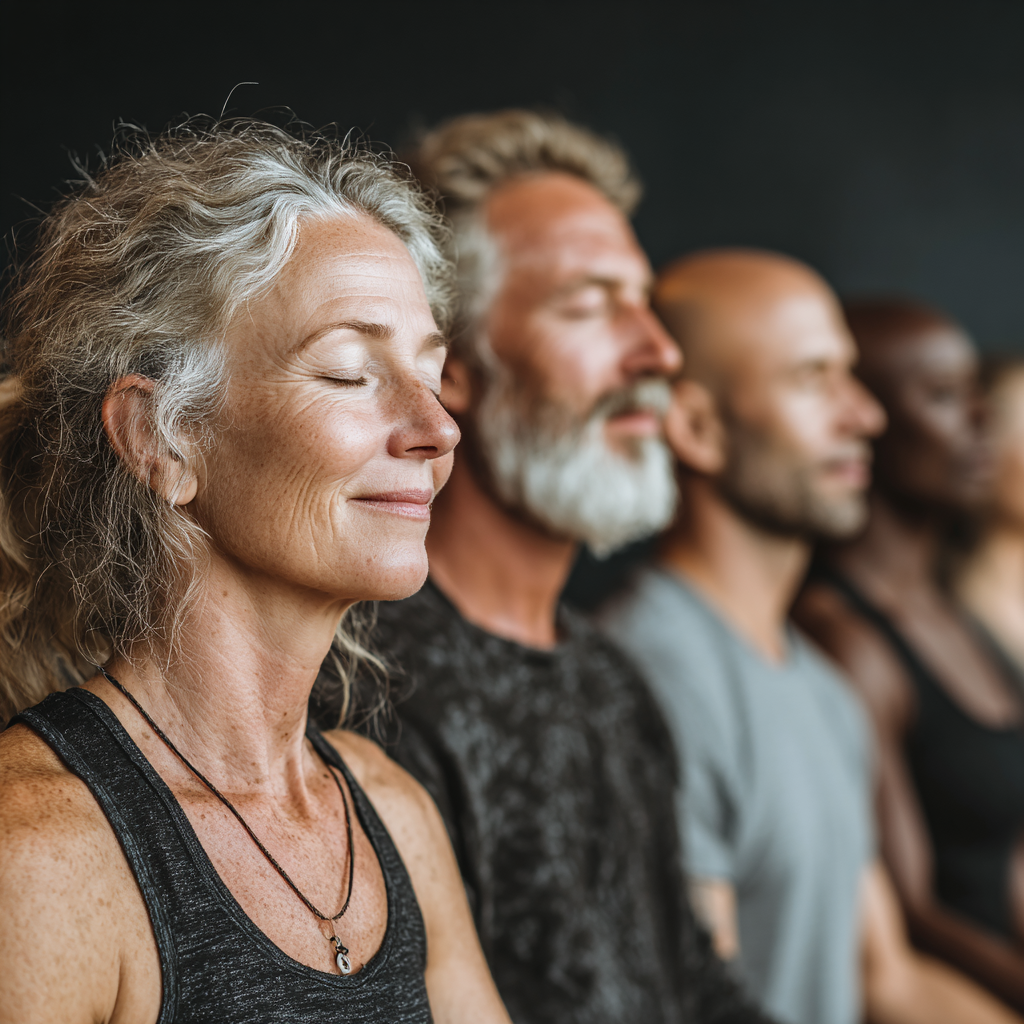 Group of diverse adults aged 40-55 sitting in meditation circle with peaceful expressions in bright yoga studio