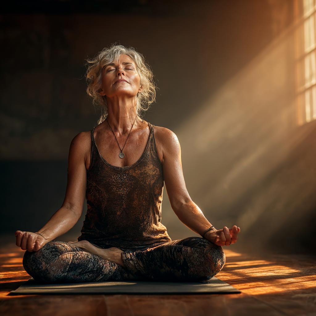 Peaceful woman in her 50s practicing meditation pose on yoga mat in serene studio environment with natural lighting